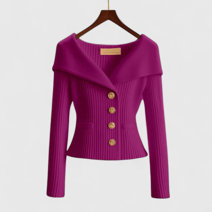 Cardigan Femme en Maille Côtelée à Boutons et Col Châle