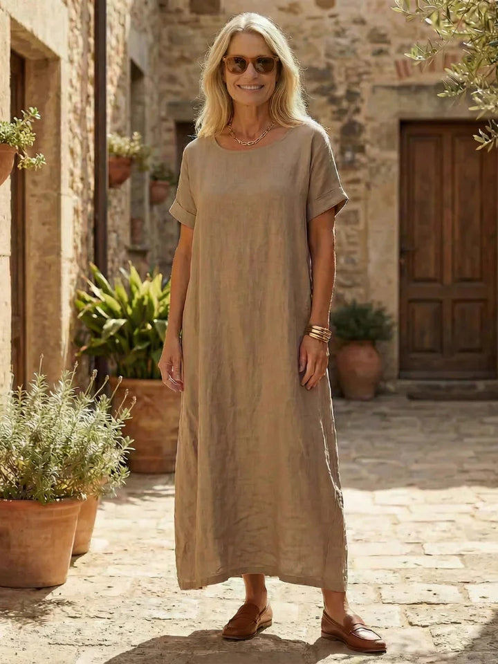 Abito lungo donna ampio con collo rotondo e maniche corte