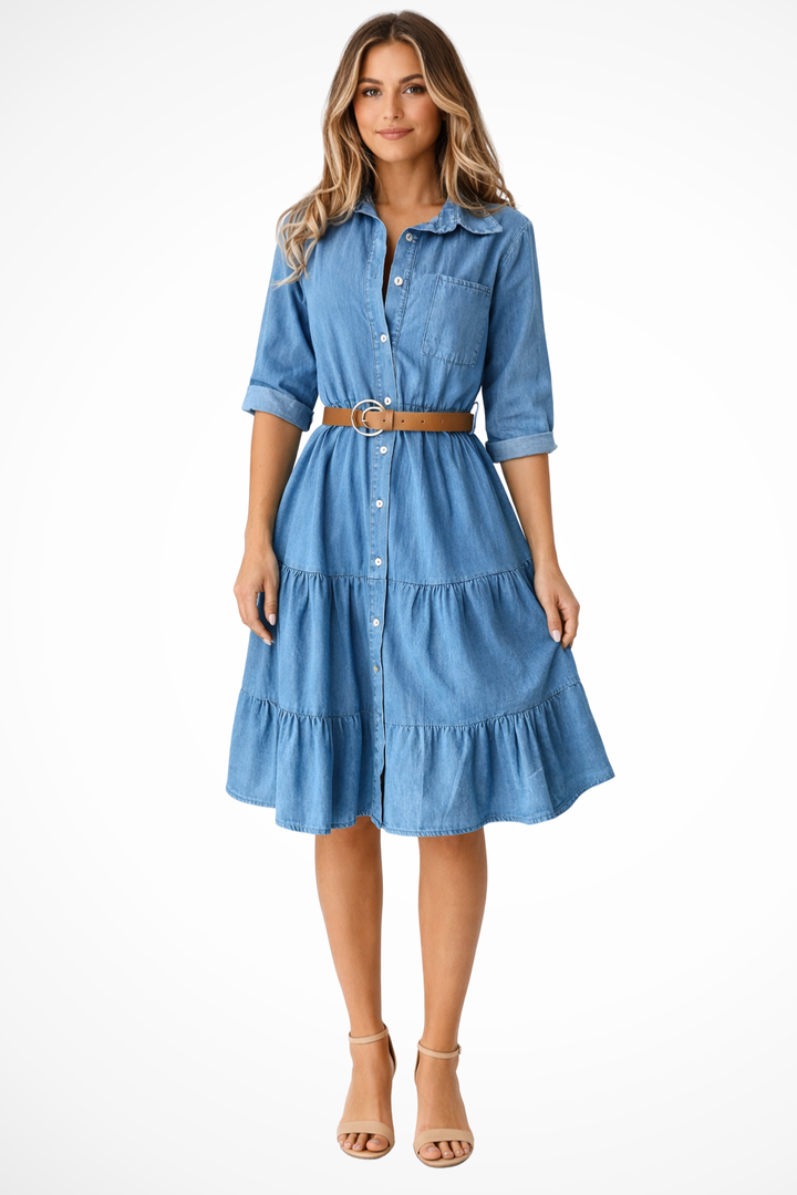 Robe Chemise Midi Fluide à Volants Élégante pour Femme