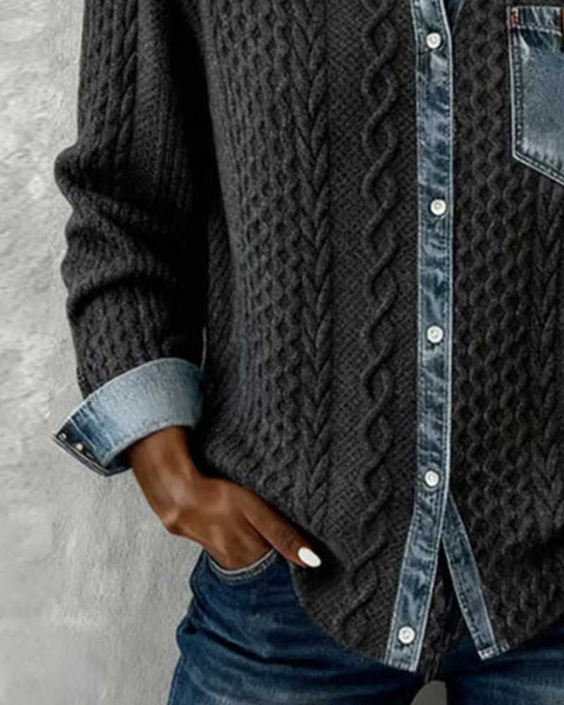 Cárdigan de mujer de punto trenzado con detalles de denim