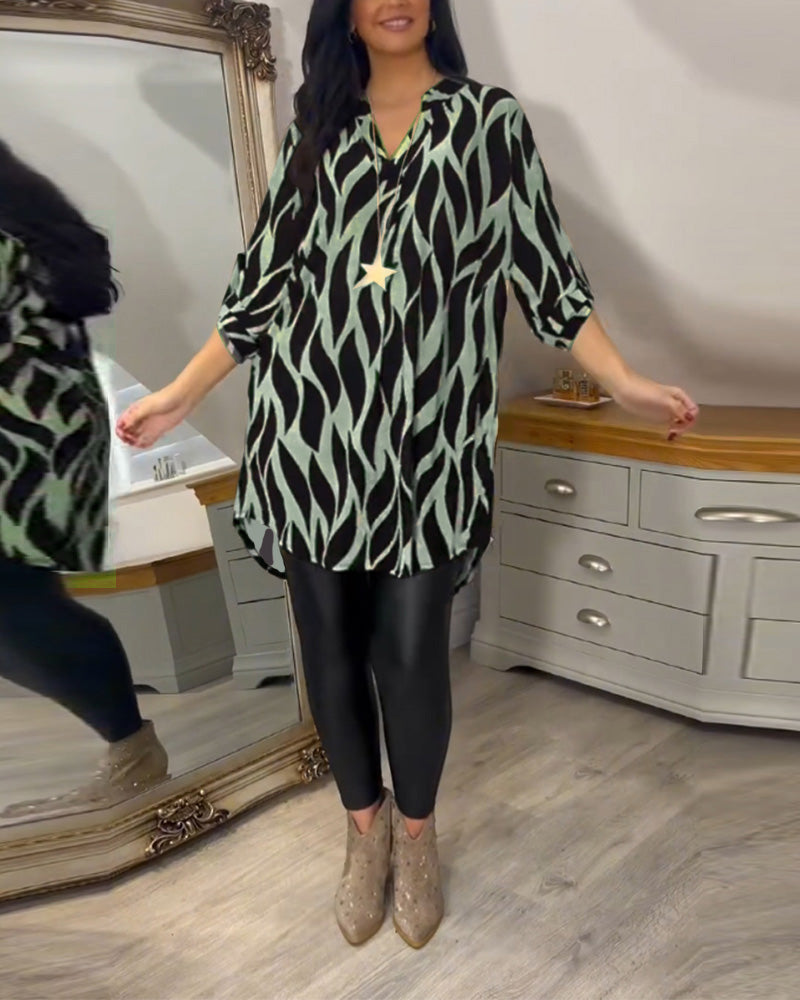 Blouse Ample Pour Femme à Col en V et Manches Trois-Quarts