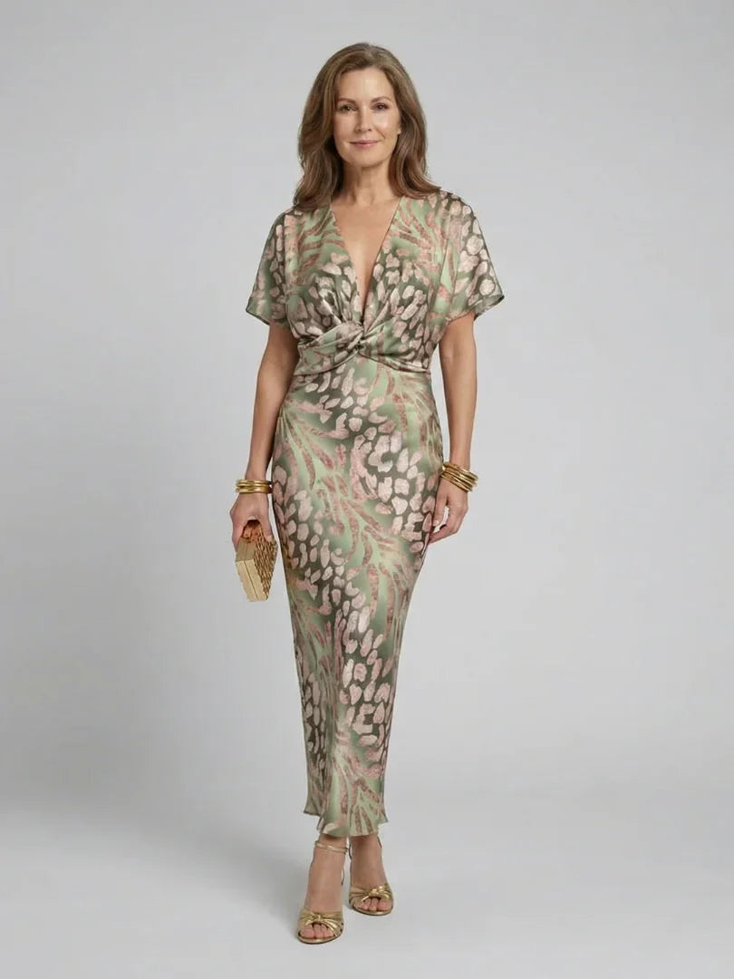 Vestito midi da donna stampato con vita drappeggiata e scollo a V