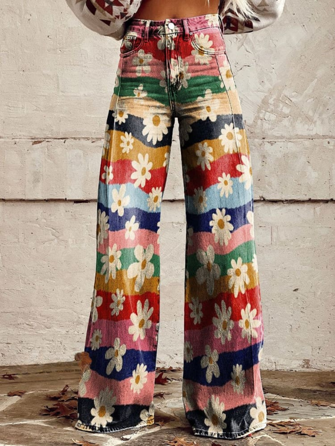Pantalon Palazzo Rétro à Jambes Larges et Imprimé Floral Pour Femme