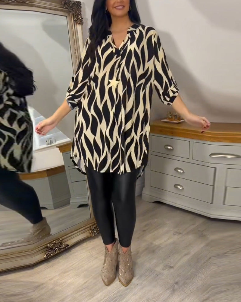Blouse Ample Pour Femme à Col en V et Manches Trois-Quarts
