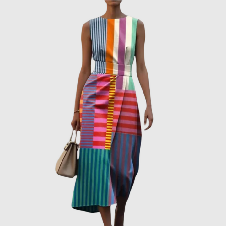 Abito midi da donna geometrico a righe colorate