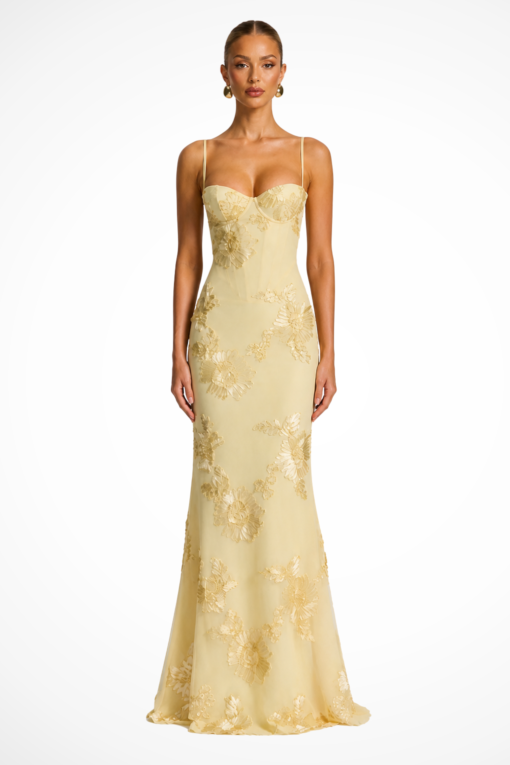 Robe Longue Femme Sirène à Bretelles Fines et Broderies Florales