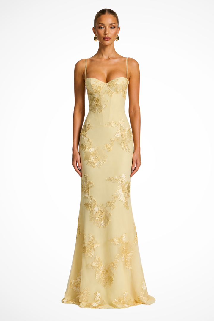 Robe Longue Femme Sirène à Bretelles Fines et Broderies Florales