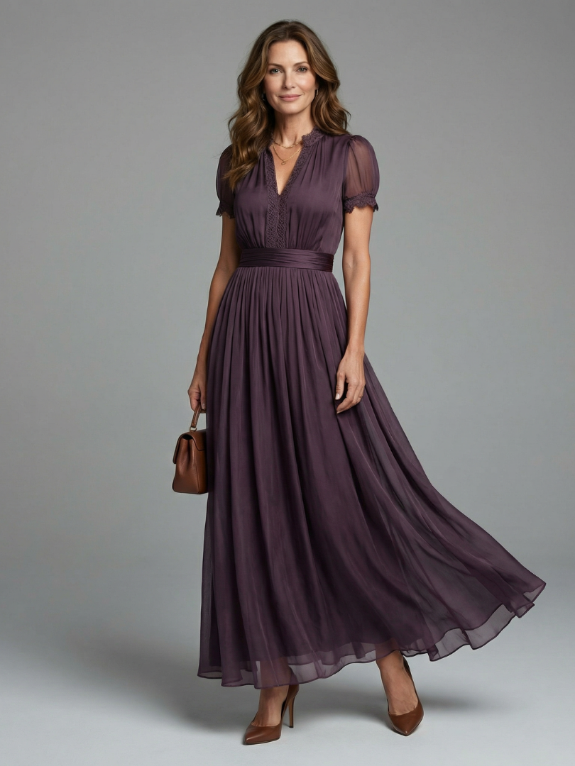 Robe Maxi Femme à Taille Froncée et Détail Goutte d’Eau