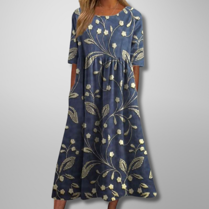 Women's Floral Midi Dress, Round Neck, Short Loose Sleeves