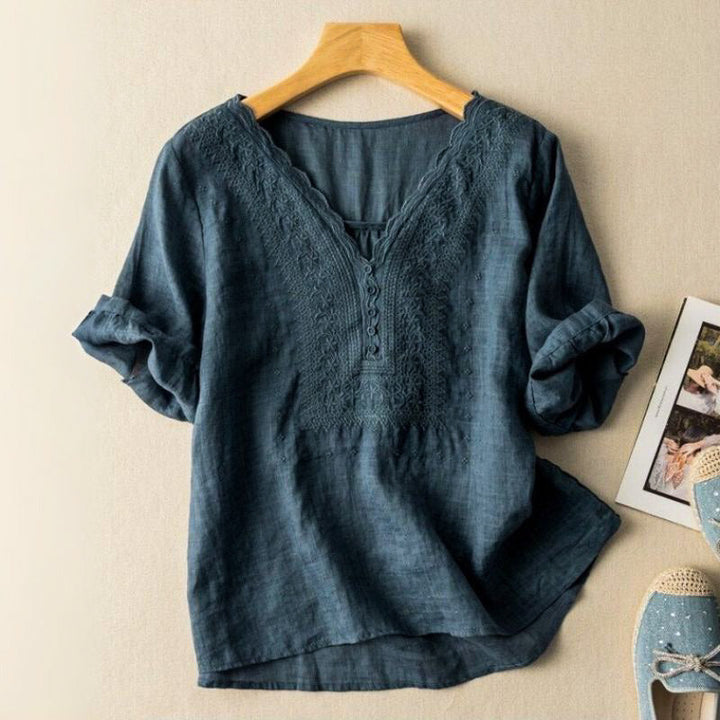 Blusa da donna ricamata con scollo a V e taglio casual