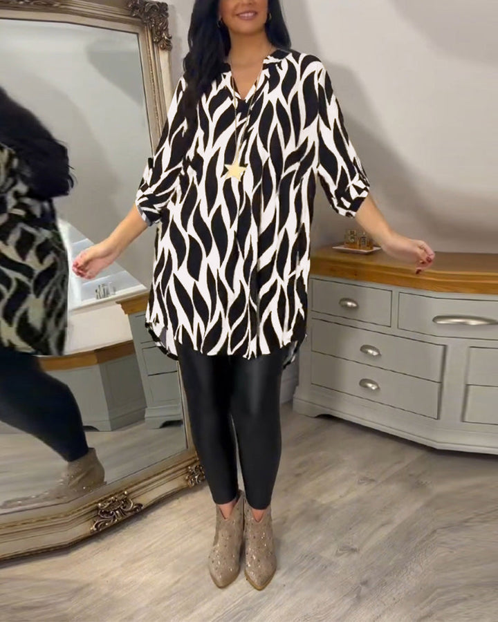 Blouse Ample Pour Femme à Col en V et Manches Trois-Quarts