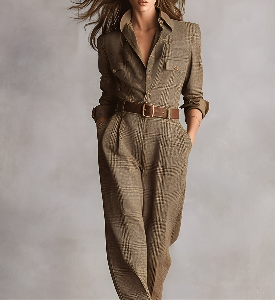 Tuta elegante da donna con pantaloni, maniche lunghe e cintura