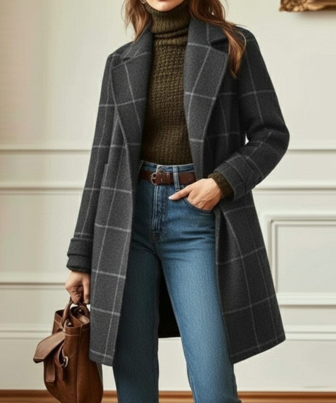 Cappotto lungo elegante da donna a quadri con abbottonatura semplice