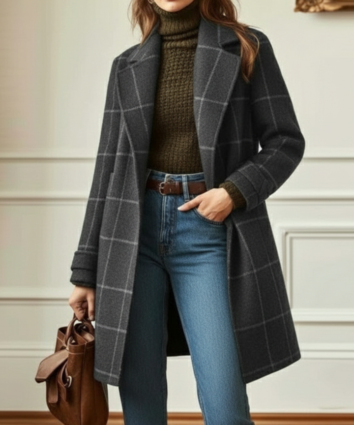 Cappotto lungo elegante da donna a quadri con abbottonatura semplice