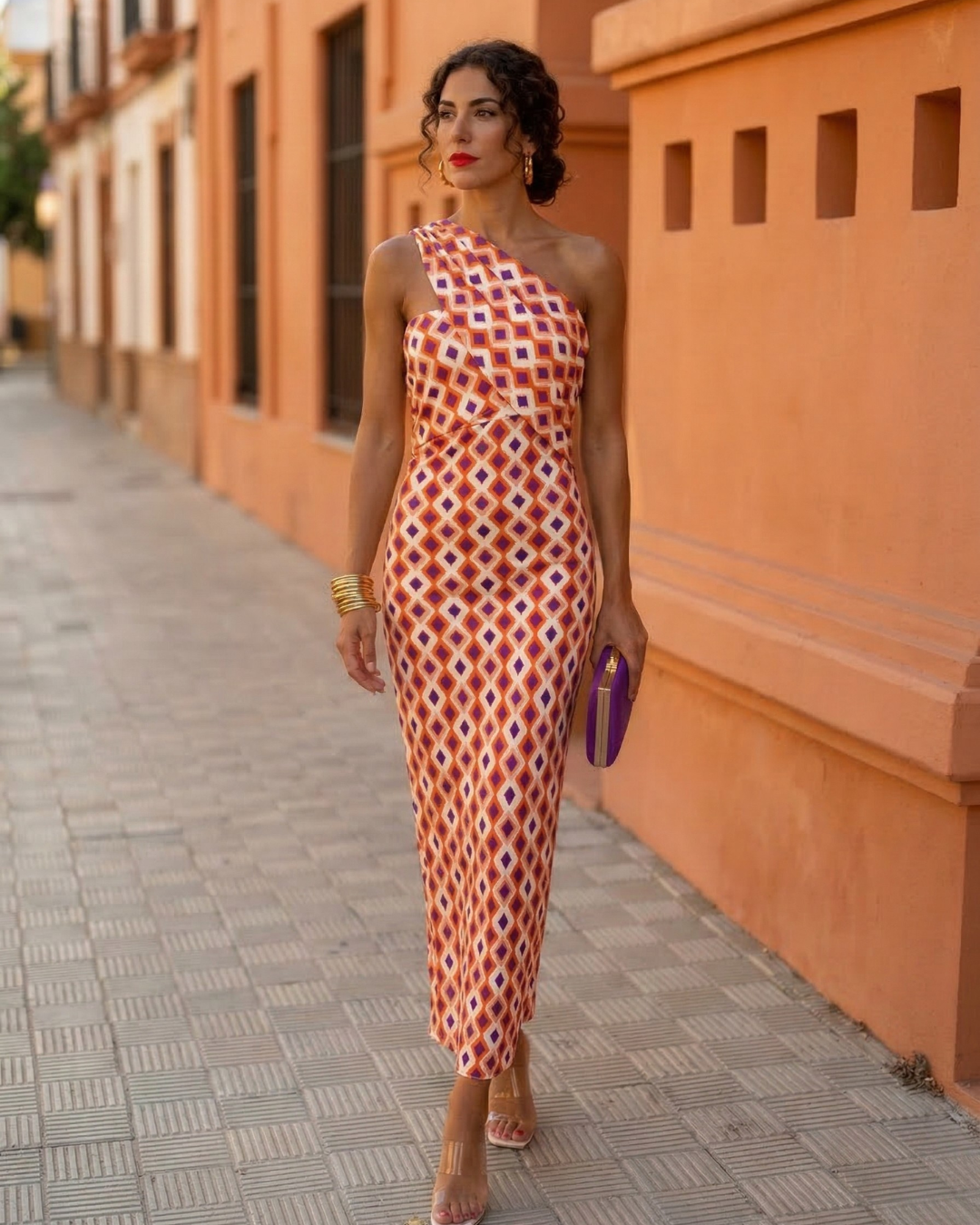 Robe Midi Asymétrique Femme Élégante à Une Épaule Imprimée