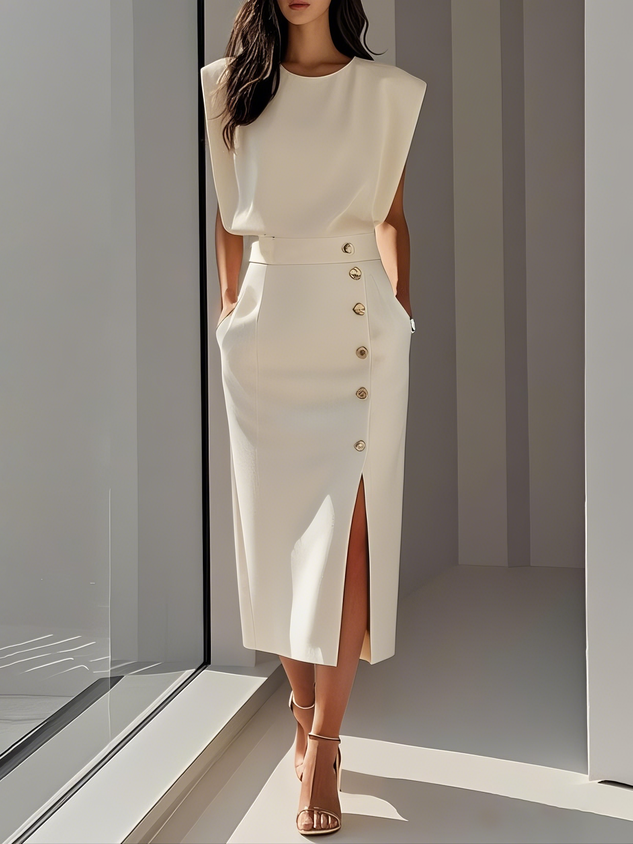 Vestito midi donna senza maniche con vita aderente e bottoni decorativi