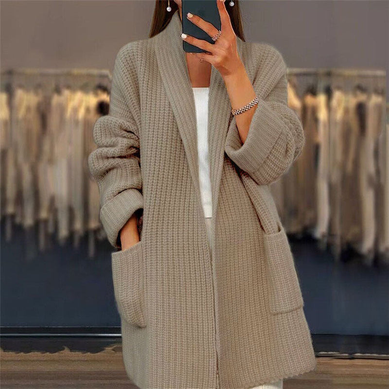 Cardigan Long Femme en Maille Ouvert Oversize avec Poches