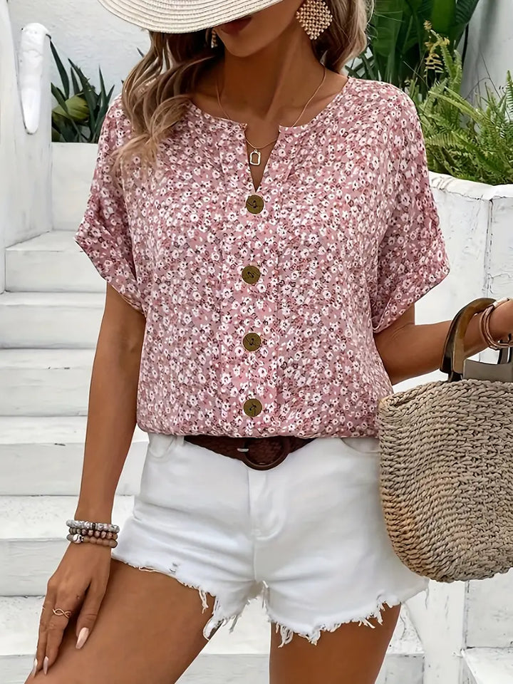 Blouse Fleurie Décontractée à Boutons Décoratifs et Manches Courtes