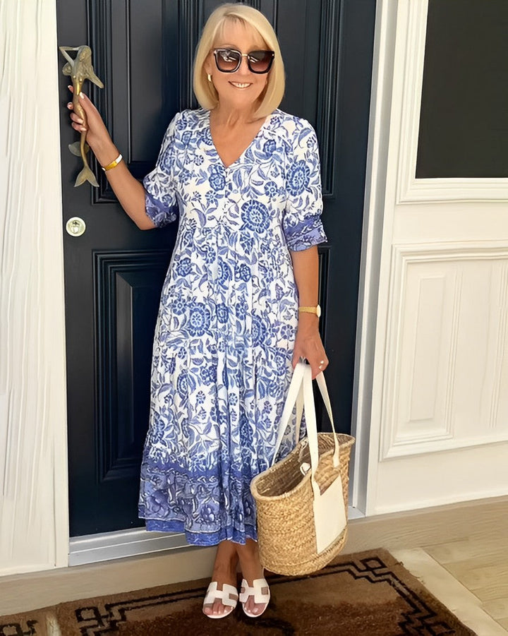 Abito midi da donna con scollo a V e motivo floreale
