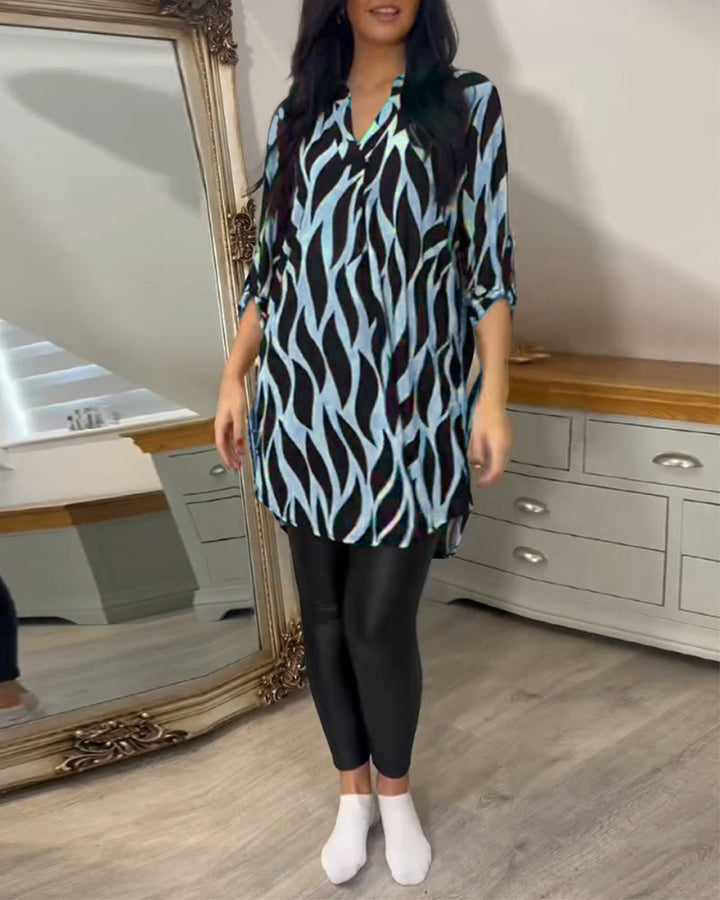 Blouse Ample Pour Femme à Col en V et Manches Trois-Quarts