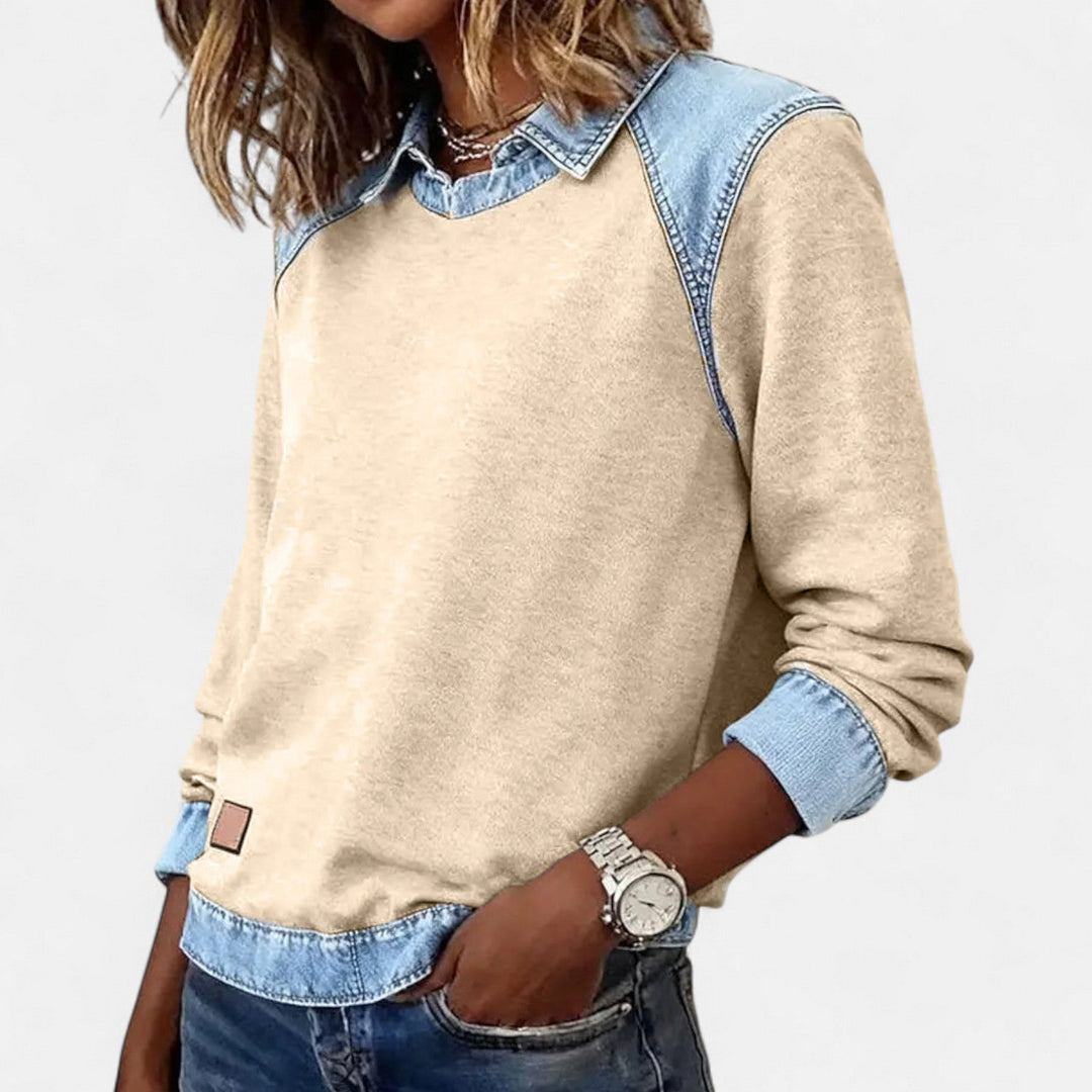 Suéter para mujer con efecto superpuesto, cuello y mangas largas