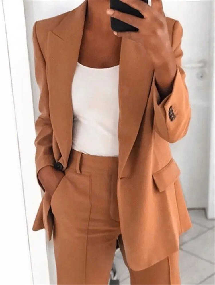 Tailleur Femme 2 Pièces Blazer Long et Pantalon Taille Haute