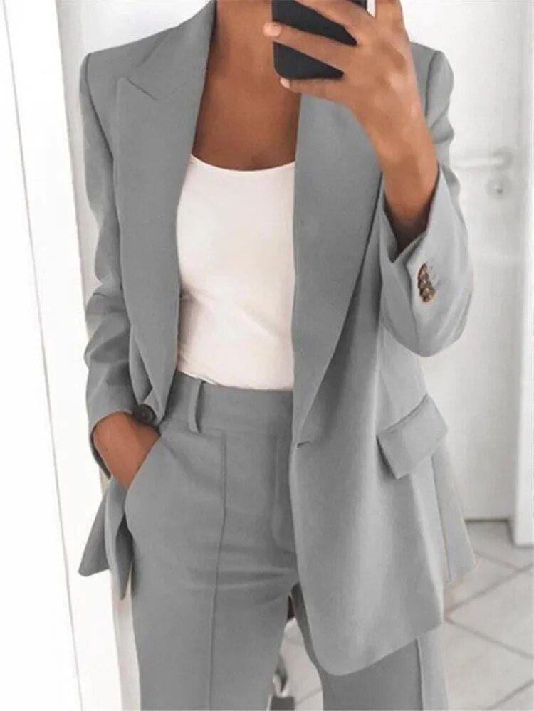 Tailleur Femme 2 Pièces Blazer Long et Pantalon Taille Haute