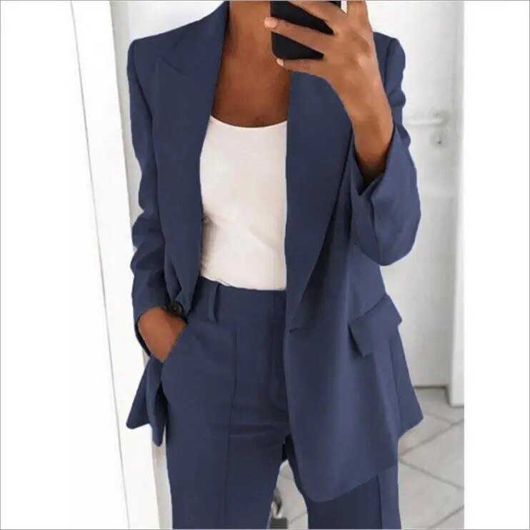 Tailleur Femme 2 Pièces Blazer Long et Pantalon Taille Haute