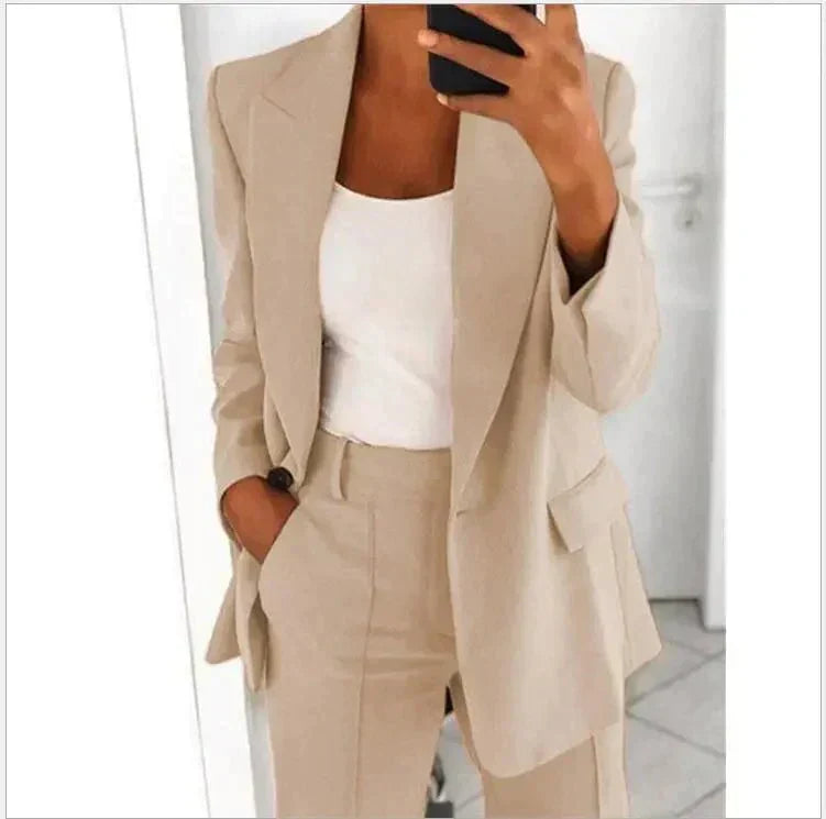 Tailleur Femme 2 Pièces Blazer Long et Pantalon Taille Haute