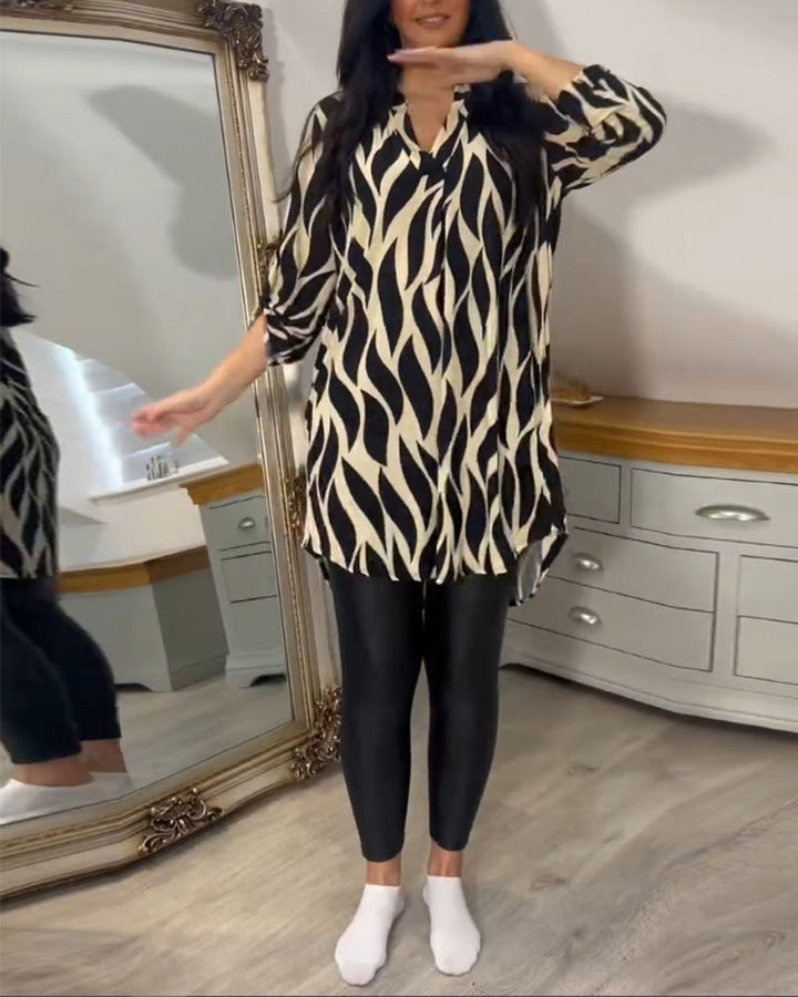 Blouse Ample Pour Femme à Col en V et Manches Trois-Quarts