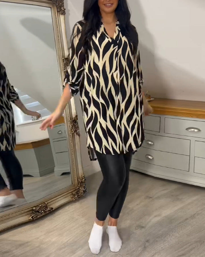 Blouse Ample Pour Femme à Col en V et Manches Trois-Quarts