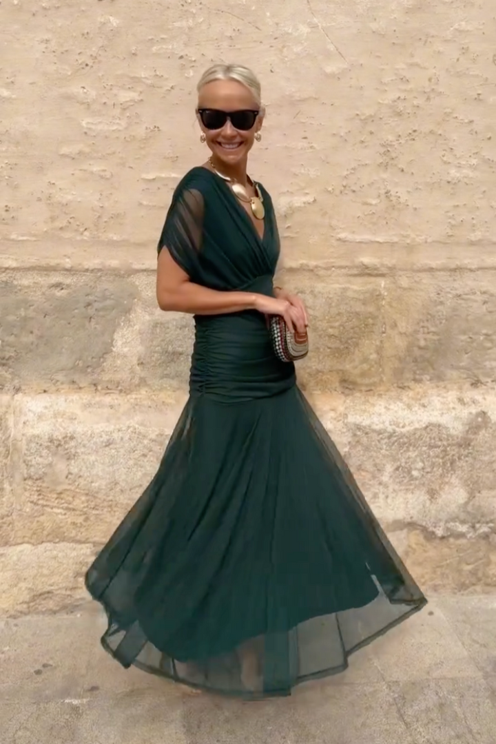 Robe Longue Femme Élégante à Col Cache-Cœur Plissé