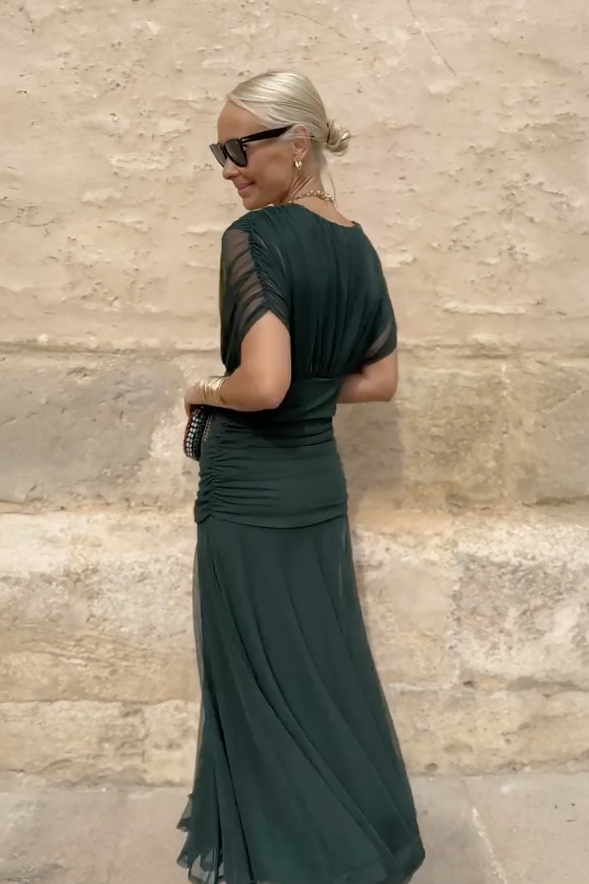 Robe Longue Femme Élégante à Col Cache-Cœur Plissé