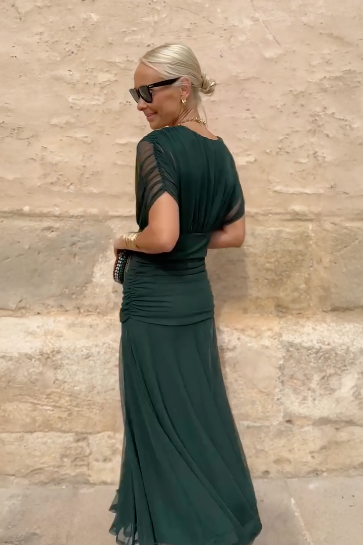 Robe Longue Femme Élégante à Col Cache-Cœur Plissé