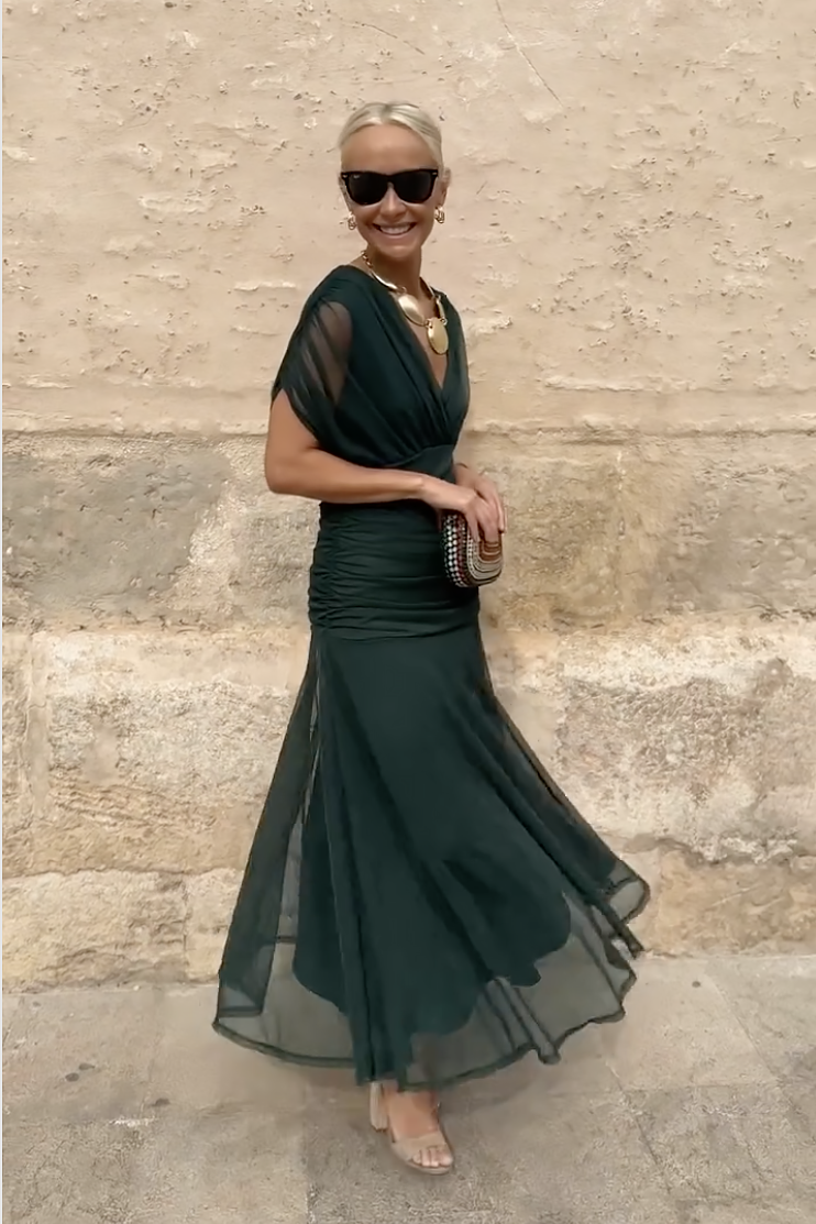 Robe Longue Femme Élégante à Col Cache-Cœur Plissé