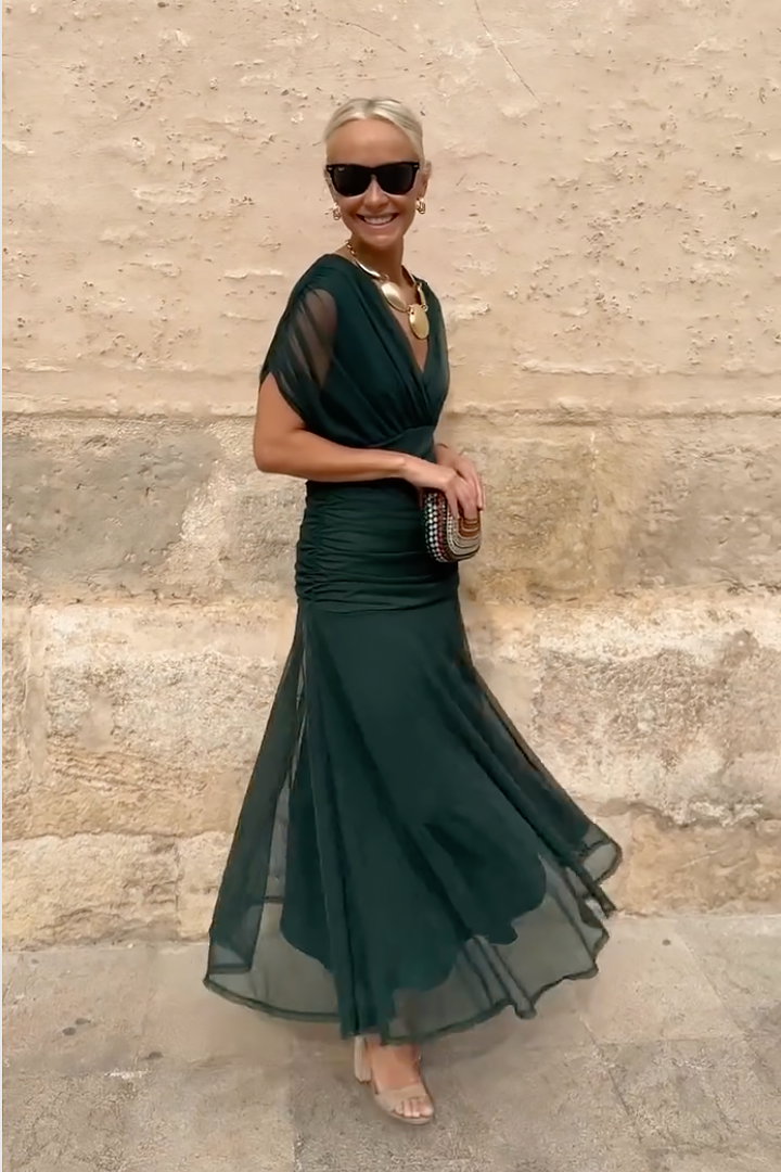 Robe Longue Femme Élégante à Col Cache-Cœur Plissé
