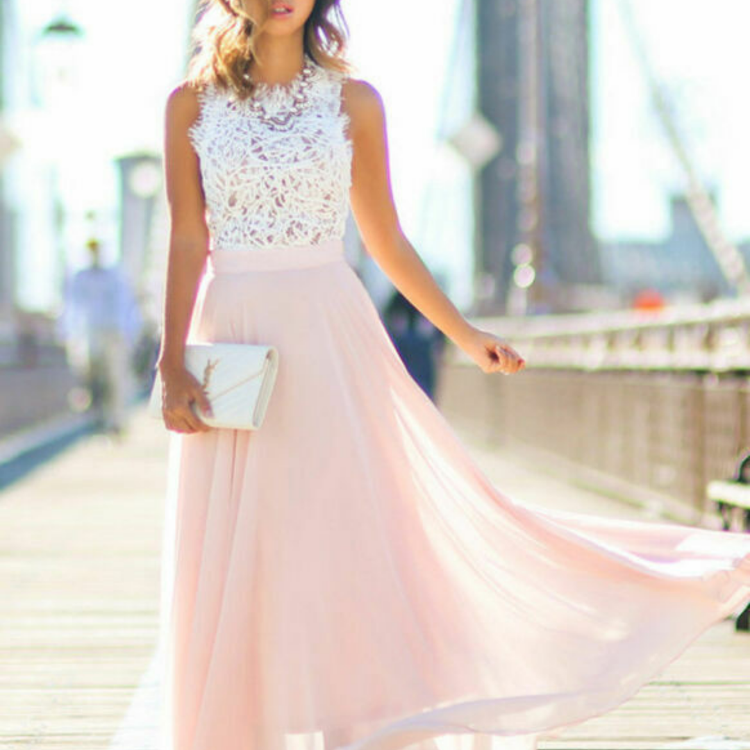 Abito Maxi Elegante Donna Lungo in Pizzo con Gonna Fluida