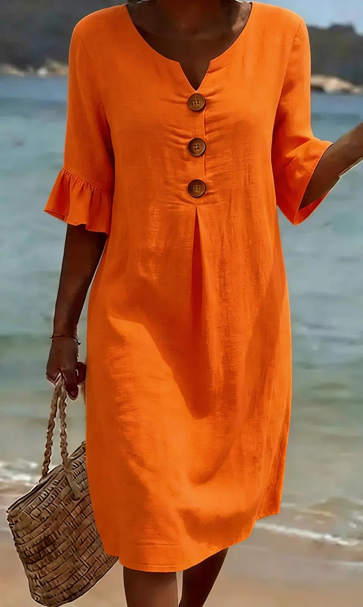 Robe Courte Décontractée à Boutons Décoratifs et Manches Volantées pour Femme