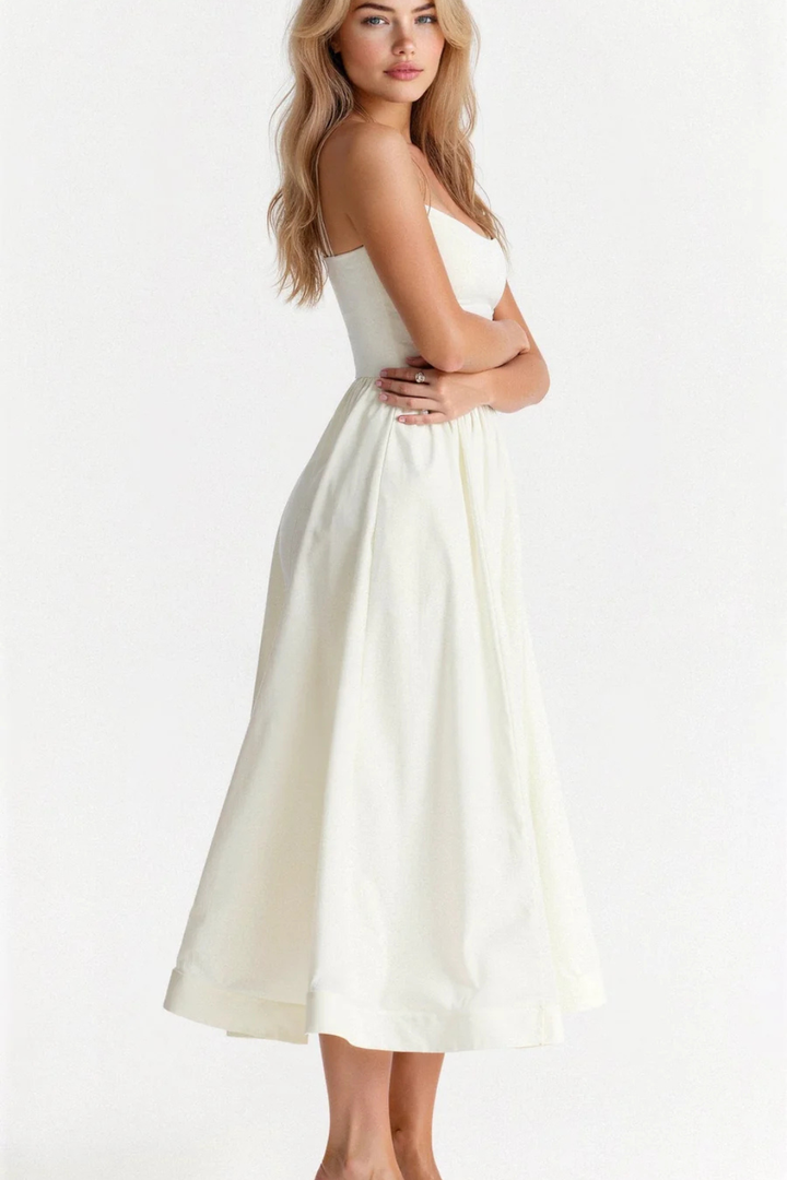 Robe Midi Femme à Bretelles Fines et Jupe Évasée