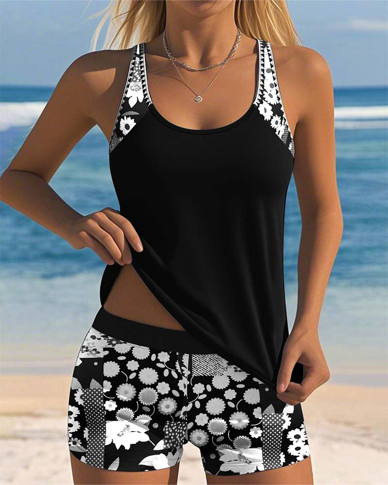 Volný tankini set s potiskem a šortkami pro ženy