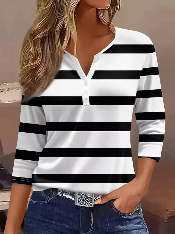 T-shirt donna a righe con scollo a V, bottoni e maniche 3/4, stile casual