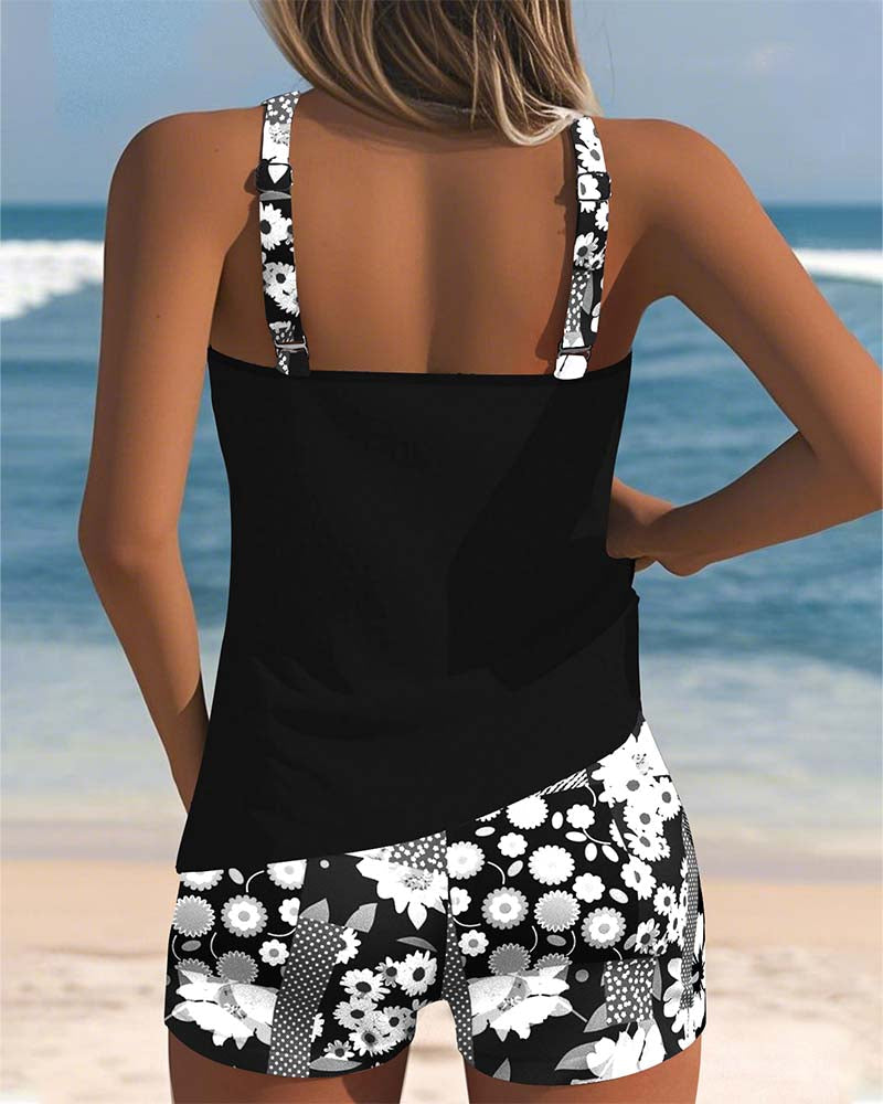 Volný tankini set s potiskem a šortkami pro ženy
