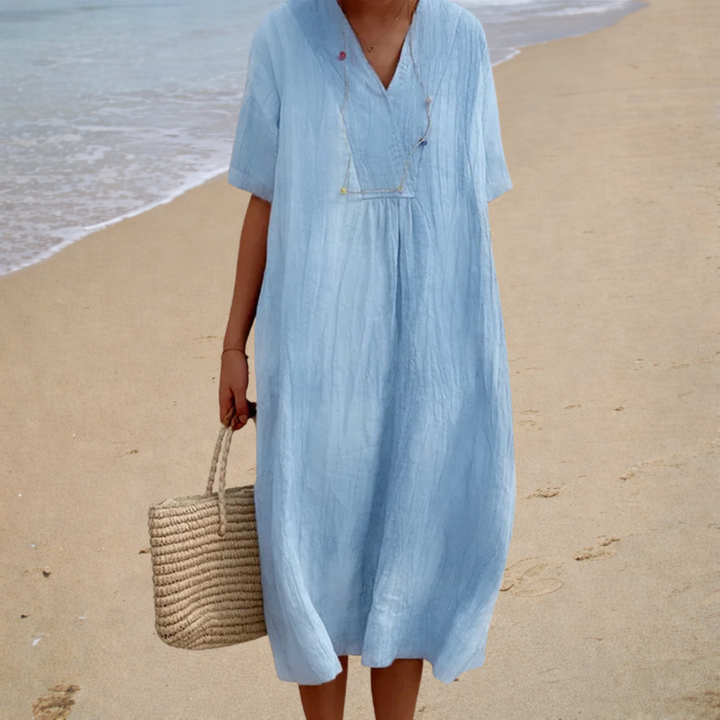 Vestido largo de verano para mujer con cuello en V y mangas cortas