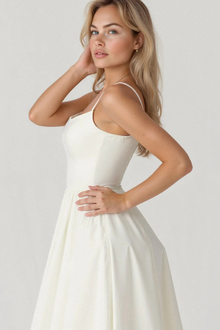 Robe Midi Femme à Bretelles Fines et Jupe Évasée