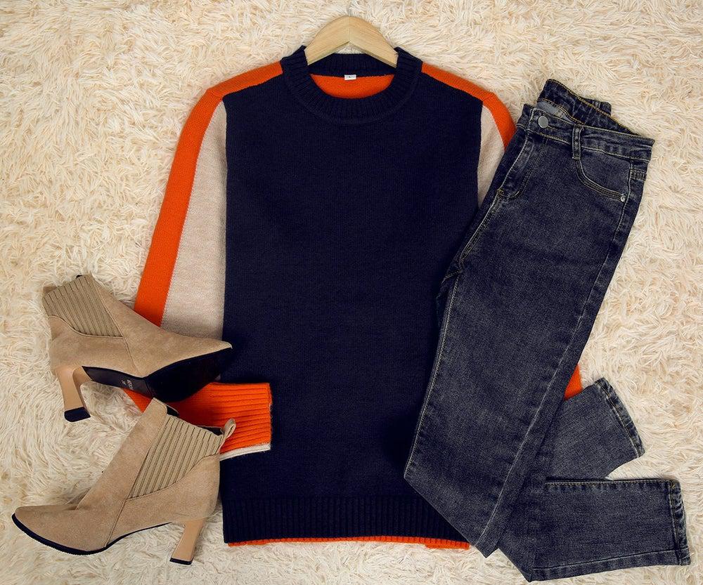 Pull Femme Color Block Col Rond et Manches Longues