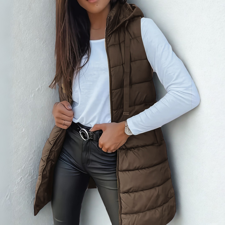 Gilet lungo da donna senza maniche con cappuccio