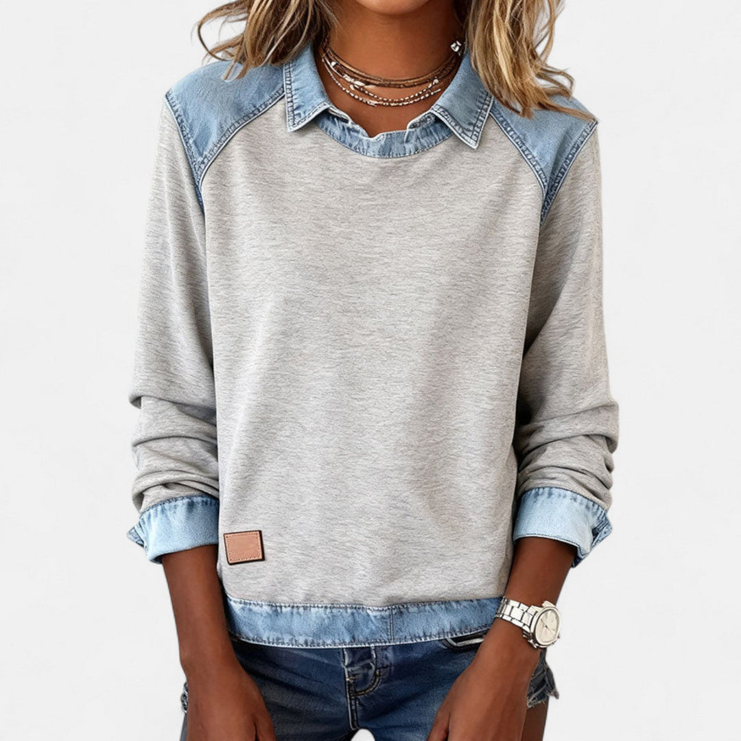 Suéter para mujer con efecto superpuesto, cuello y mangas largas