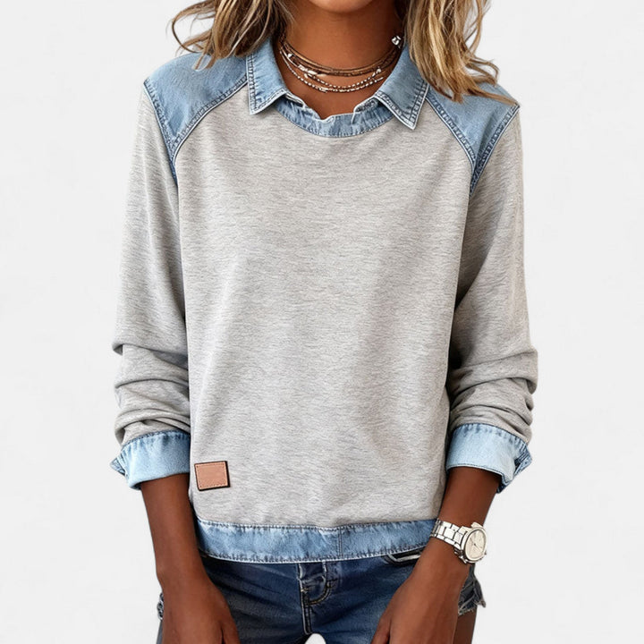 Suéter para mujer con efecto superpuesto, cuello y mangas largas