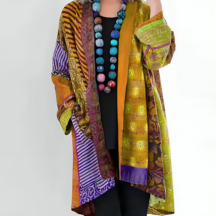 Kimono lungo bohémien da donna con stampa patchwork
