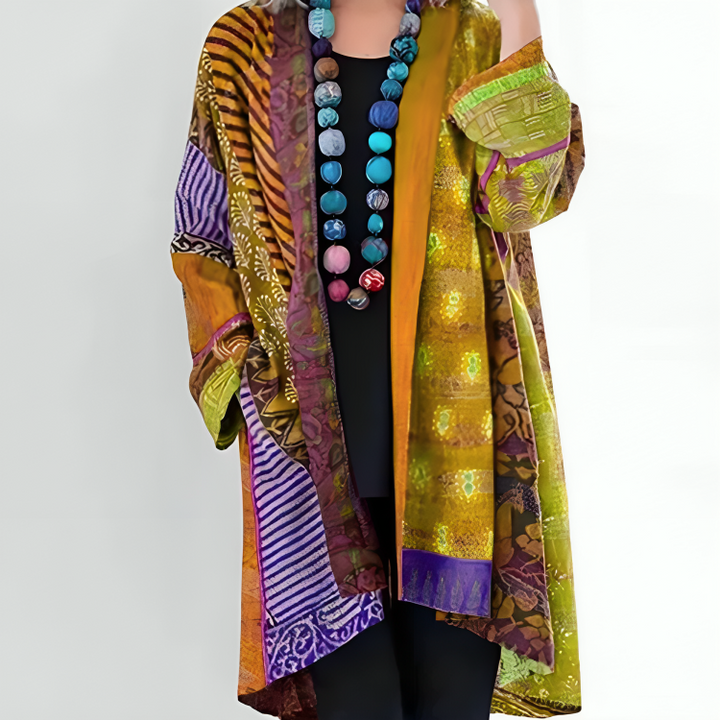 Kimono lungo bohémien da donna con stampa patchwork